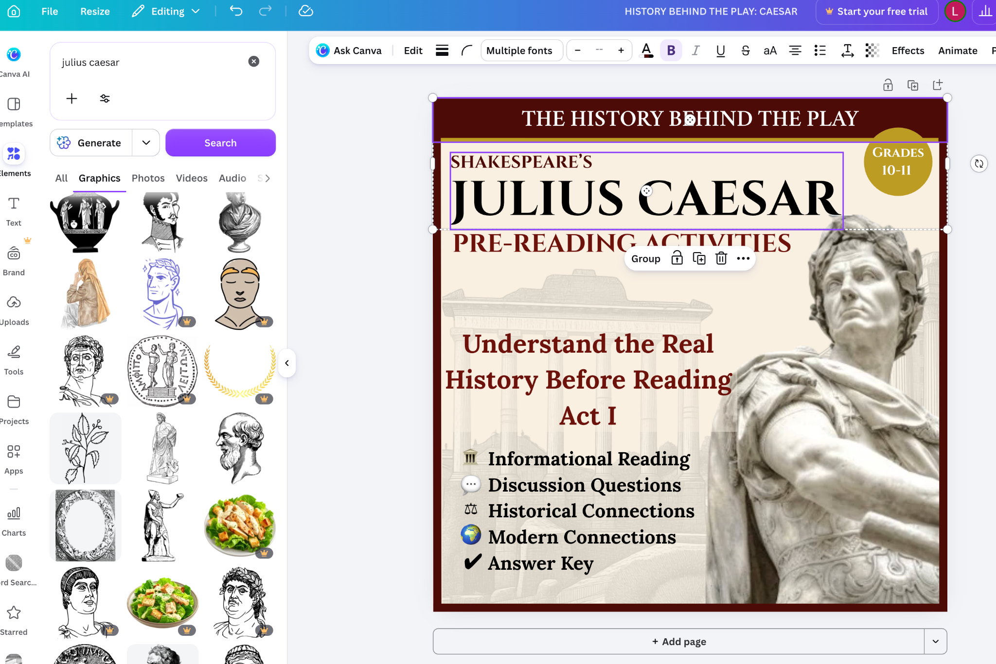 Canva workspace showing a Julius Caesar classroom resource being designed